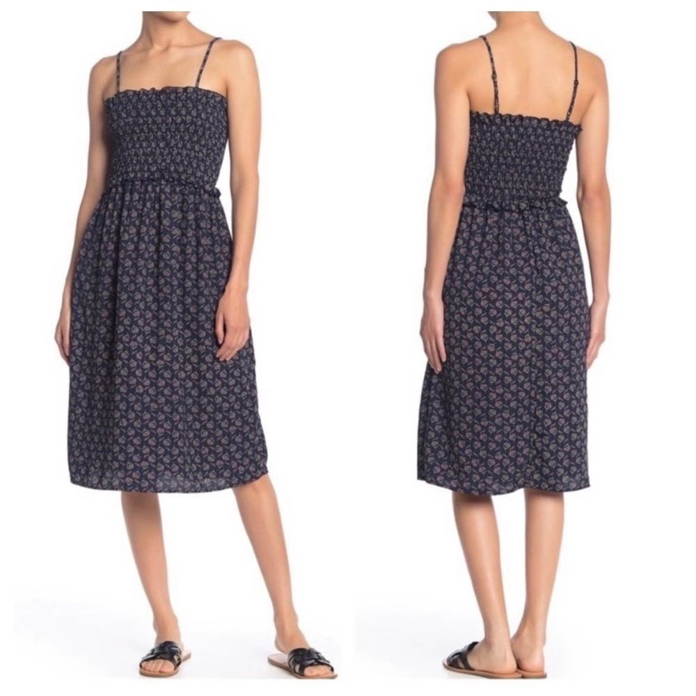 ABOUND Smocked Bodice Navy Floral Midi Dress Size Medium - Picture 1 of 7